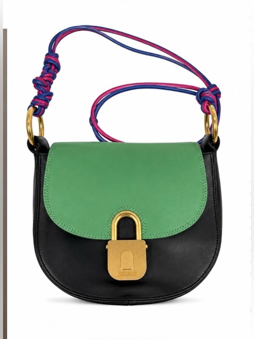Just Cavalli Green, Black and Blue-Pink Rope Crossbody Saddle Bag